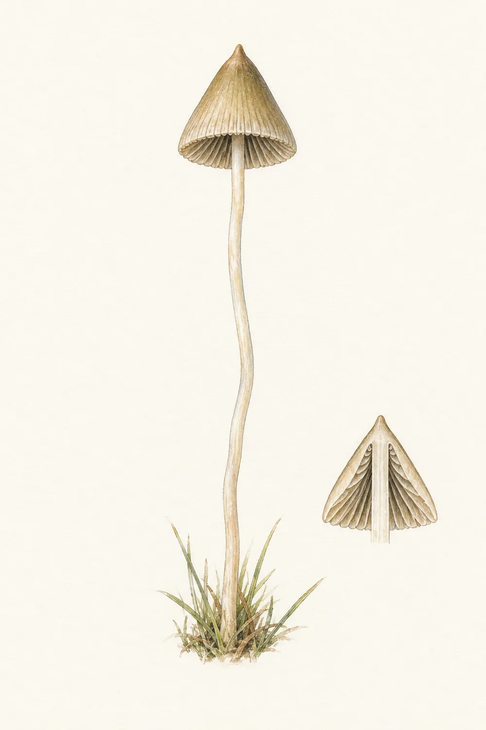 Botanical drawing of a liberty cap: a slender pale stem rising from grass to a sharply conical tan cap, with a lengthwise section of the cap beside it